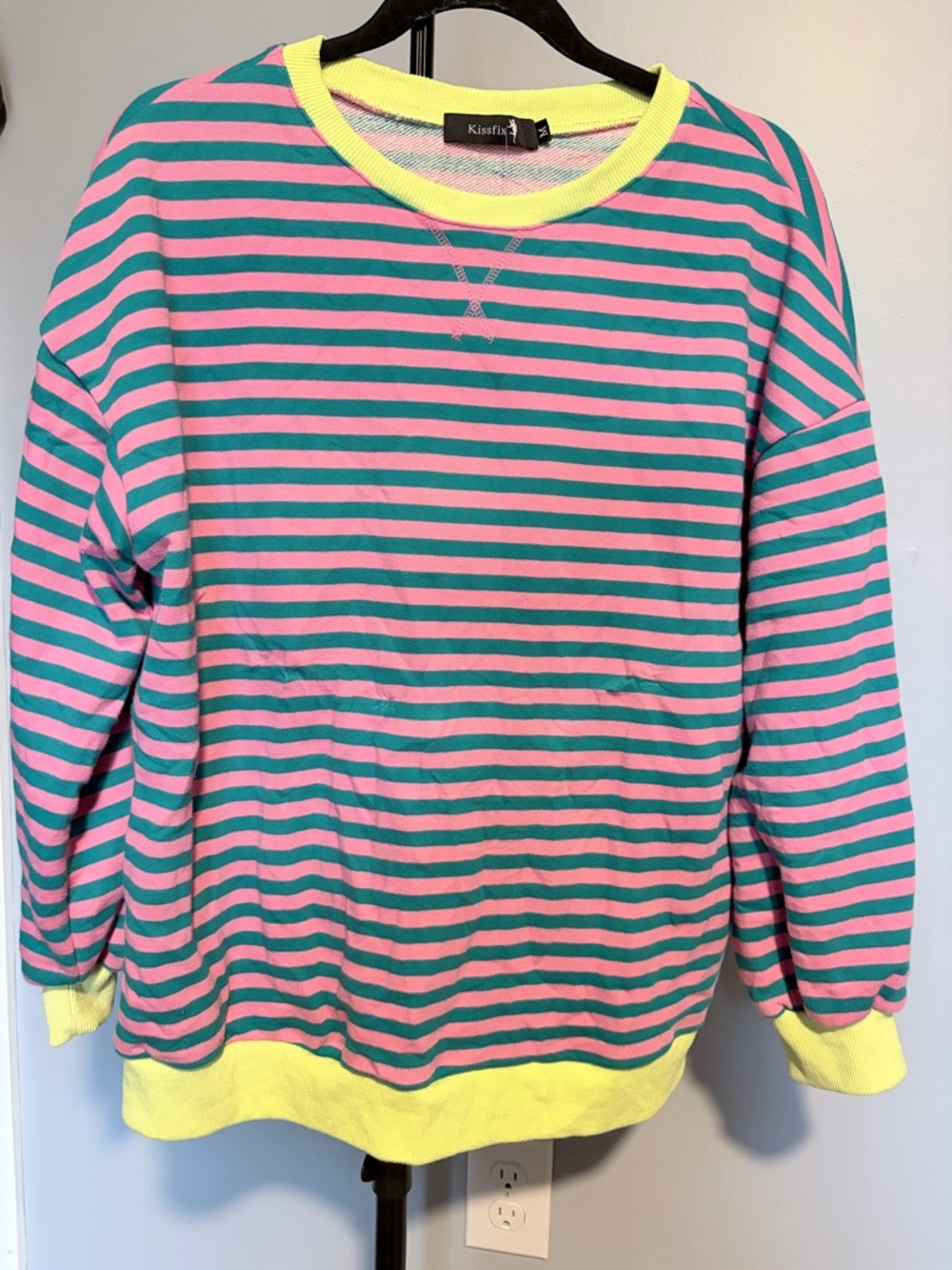 Kissfix Pink & Teal Striped Crewneck with Neon Yellow Trim